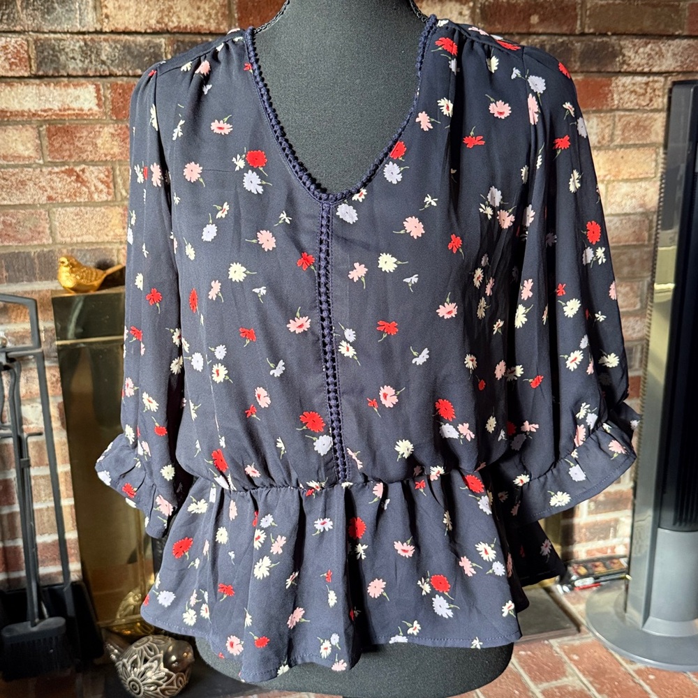 Sienna Sky Floral Blouse - Navy with Red and White Accents #A